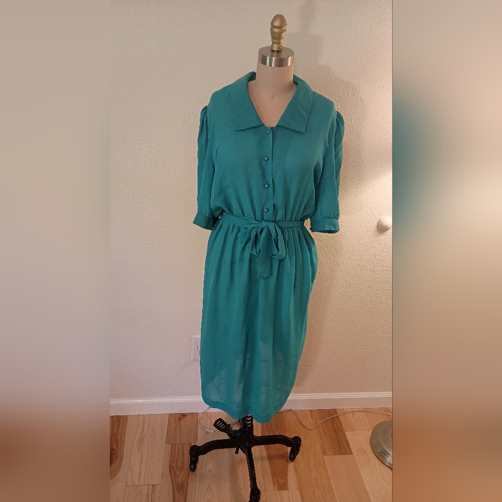 Vtg 80s Teal Midi Dress